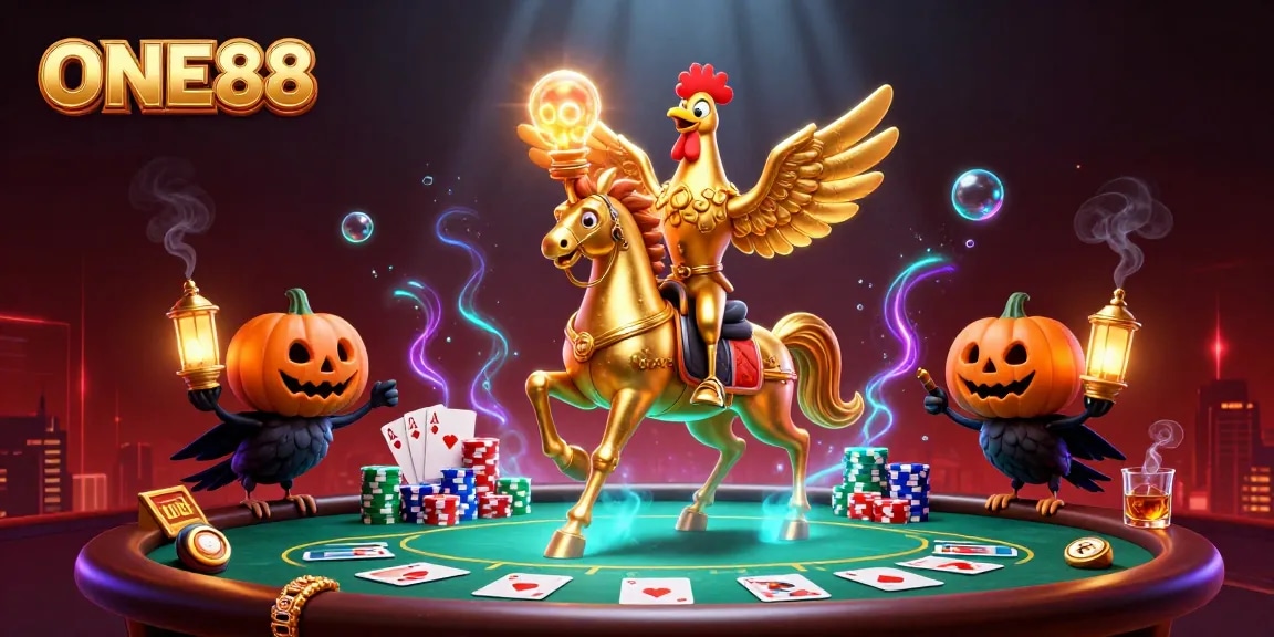 ONE88 showcases a golden rooster headless horseman in a vibrant casino scene, engaging gamblers.