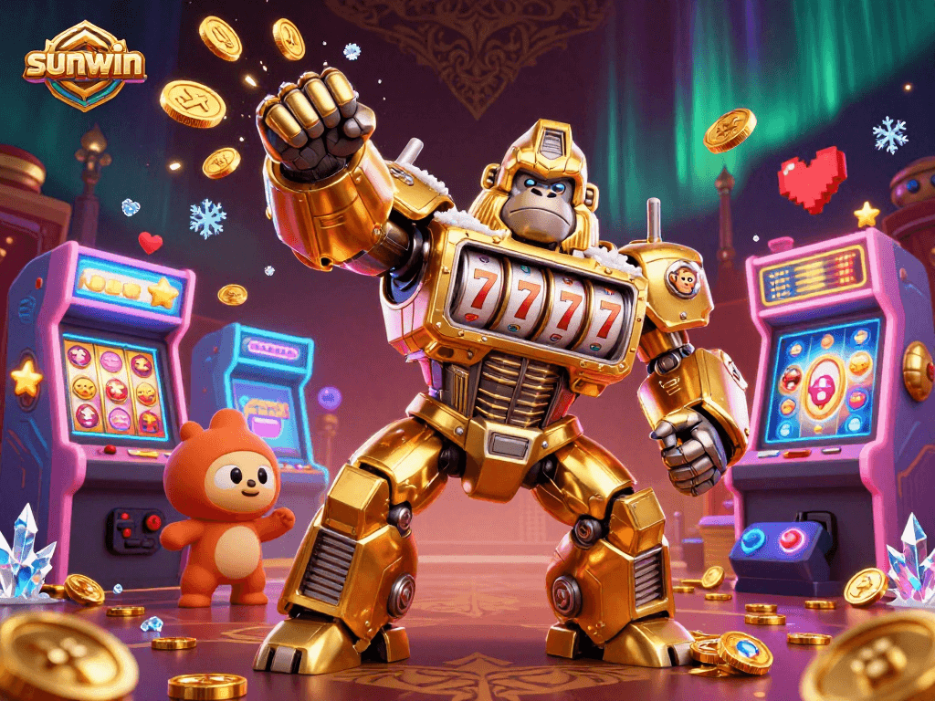 Experience sunwin thrills with a 3D golden gorilla mech showcasing dynamic slot action and winning reels.