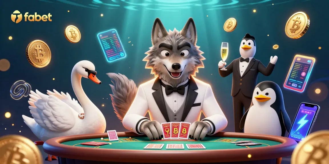 Engage with fabet gaming experience featuring a wolf, swan, and penguin in a vibrant casino scene.