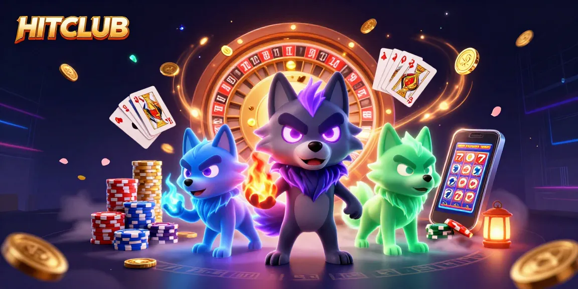 HITCLUB captivates with an immersive gambling experience featuring shimmering coins, glowing wolves, and casino elements.
