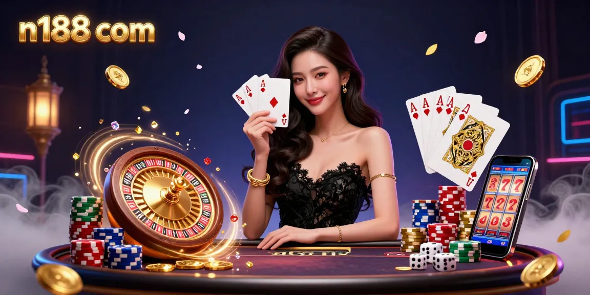 Experience thrilling gambling at n188 com with a photorealistic Asian woman holding playing cards amidst a lively casino.