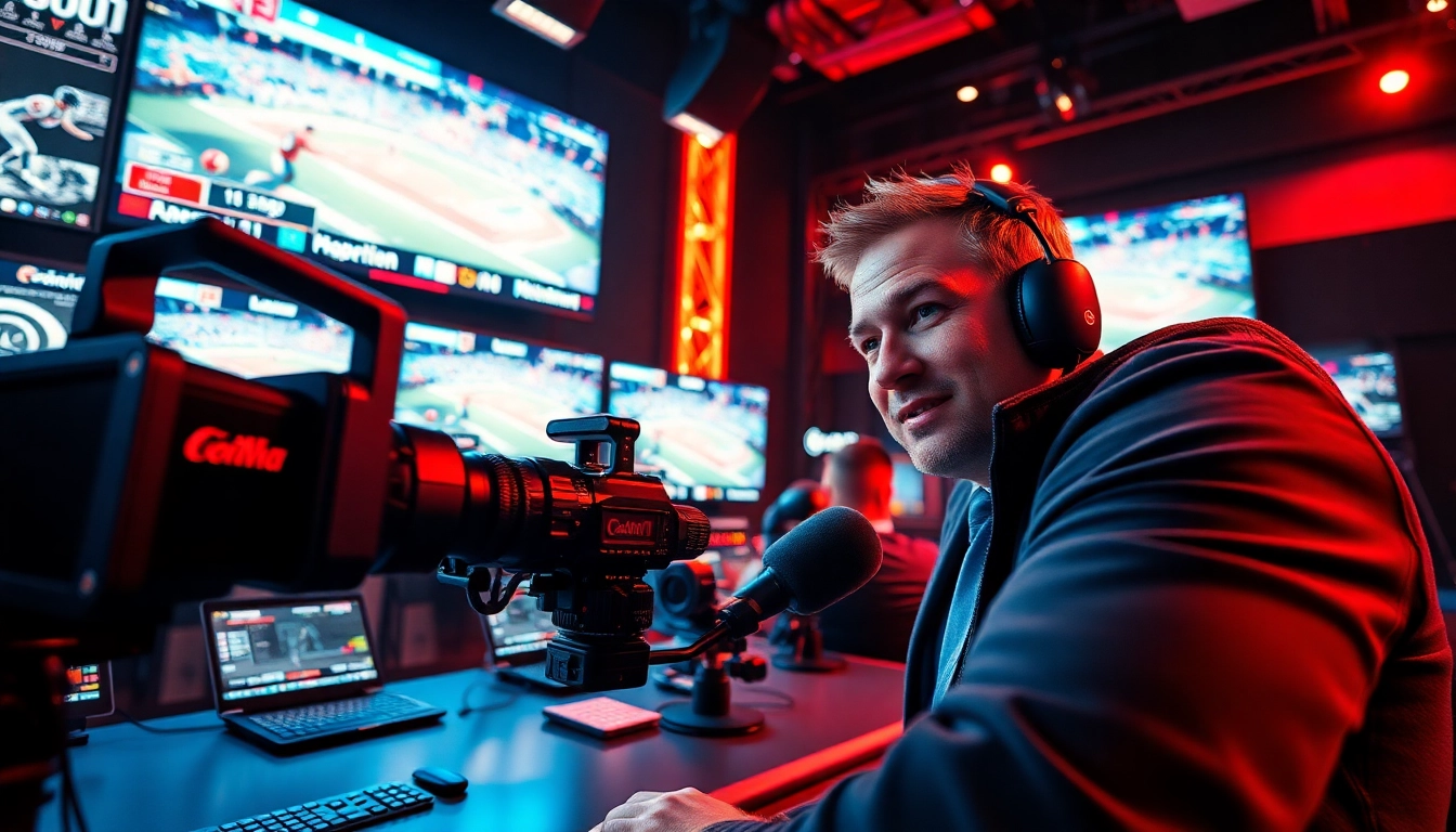 Dynamic sports broadcasting setup with a broadcaster and screens showcasing live events.