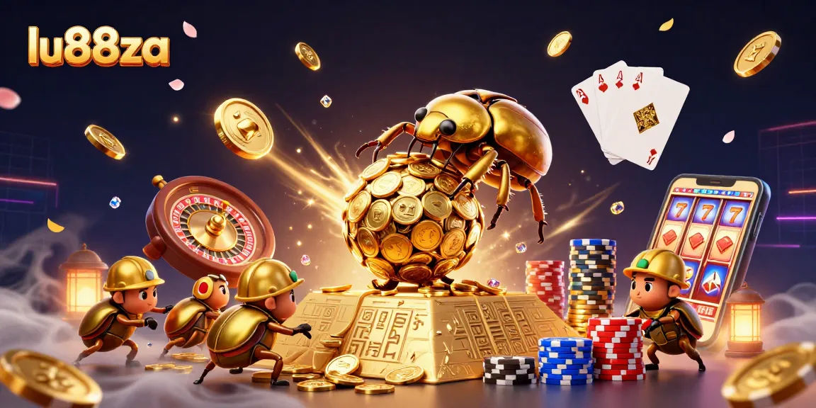Experience thrilling gameplay at lu88za with golden beetles and dazzling casino elements in a vibrant scene.