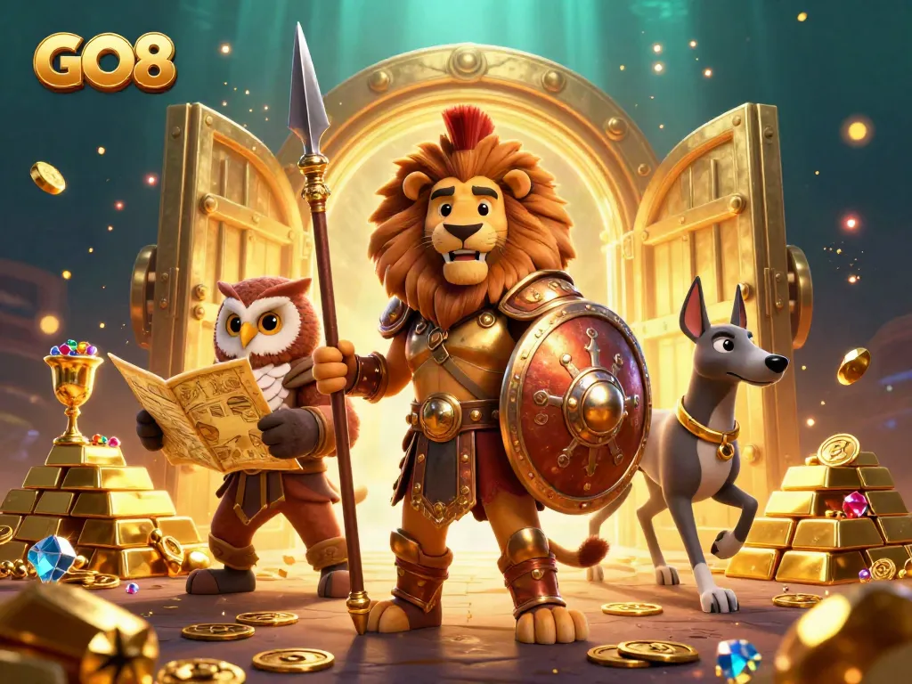 Engage with the thrilling world of GO8, featuring a Spartan lion and treasure in a casino-themed illustration.