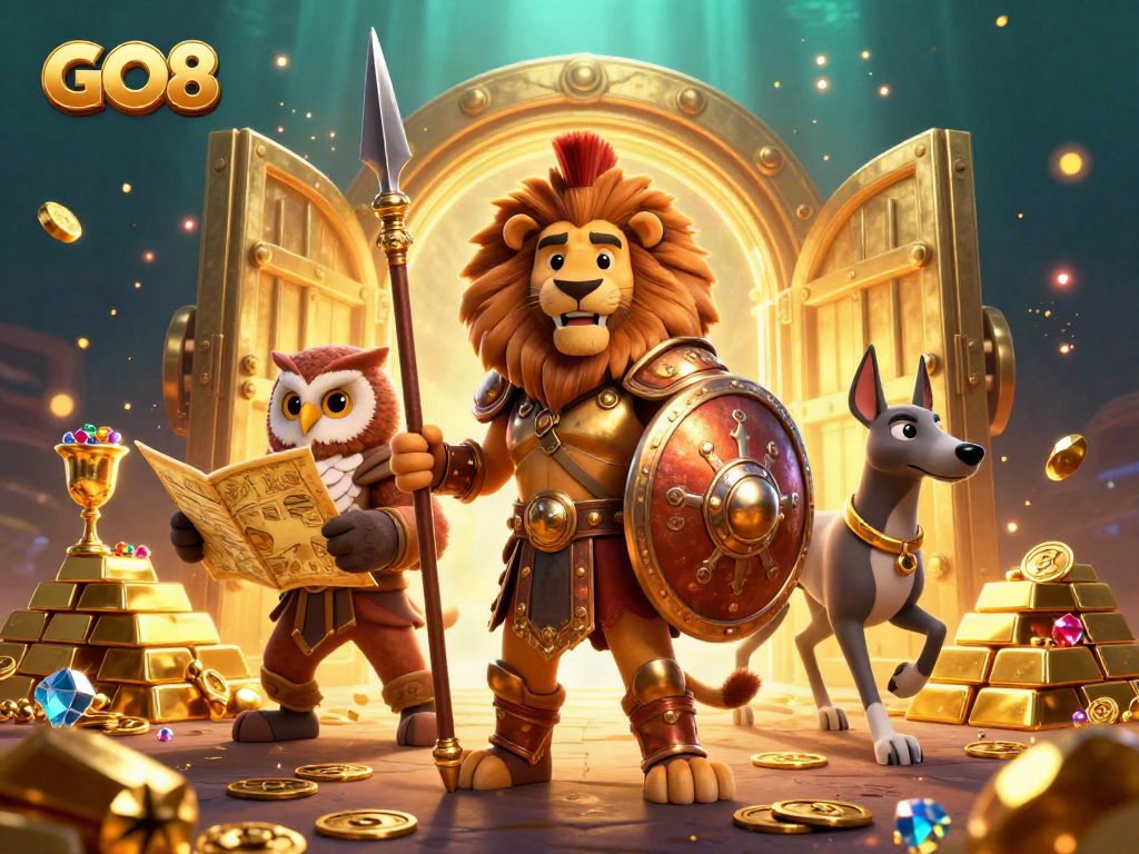 Engage with the thrilling world of GO8, featuring a Spartan lion and treasure in a casino-themed illustration.