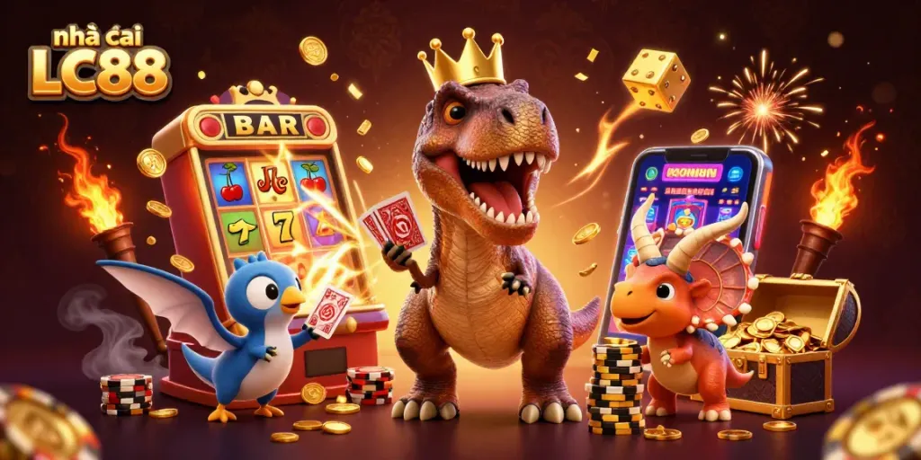 Experience the excitement of nhà cái LC88 with a T-Rex and friends in a vibrant casino scene.