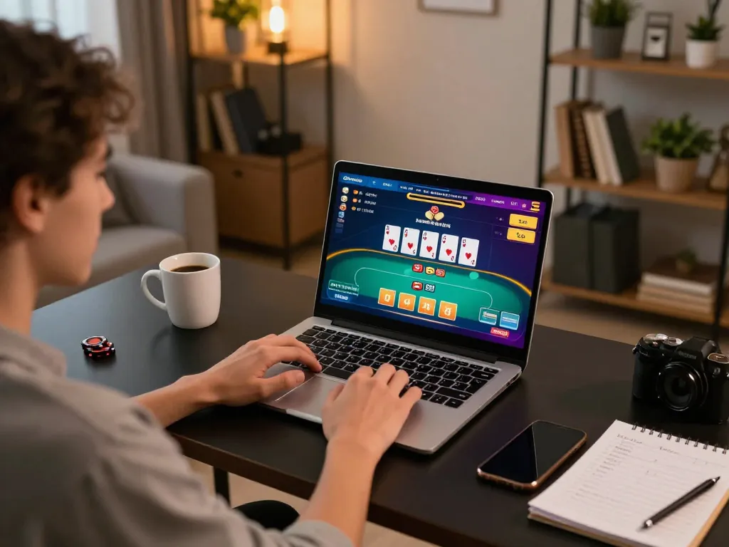 VA88 player strategizing during an online poker game in a cozy home office environment.