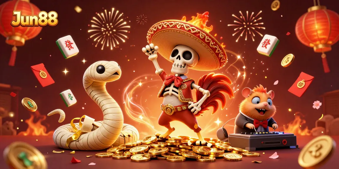 Enjoy a festive celebration with Jun88 as cartoon characters dance on golden coins.