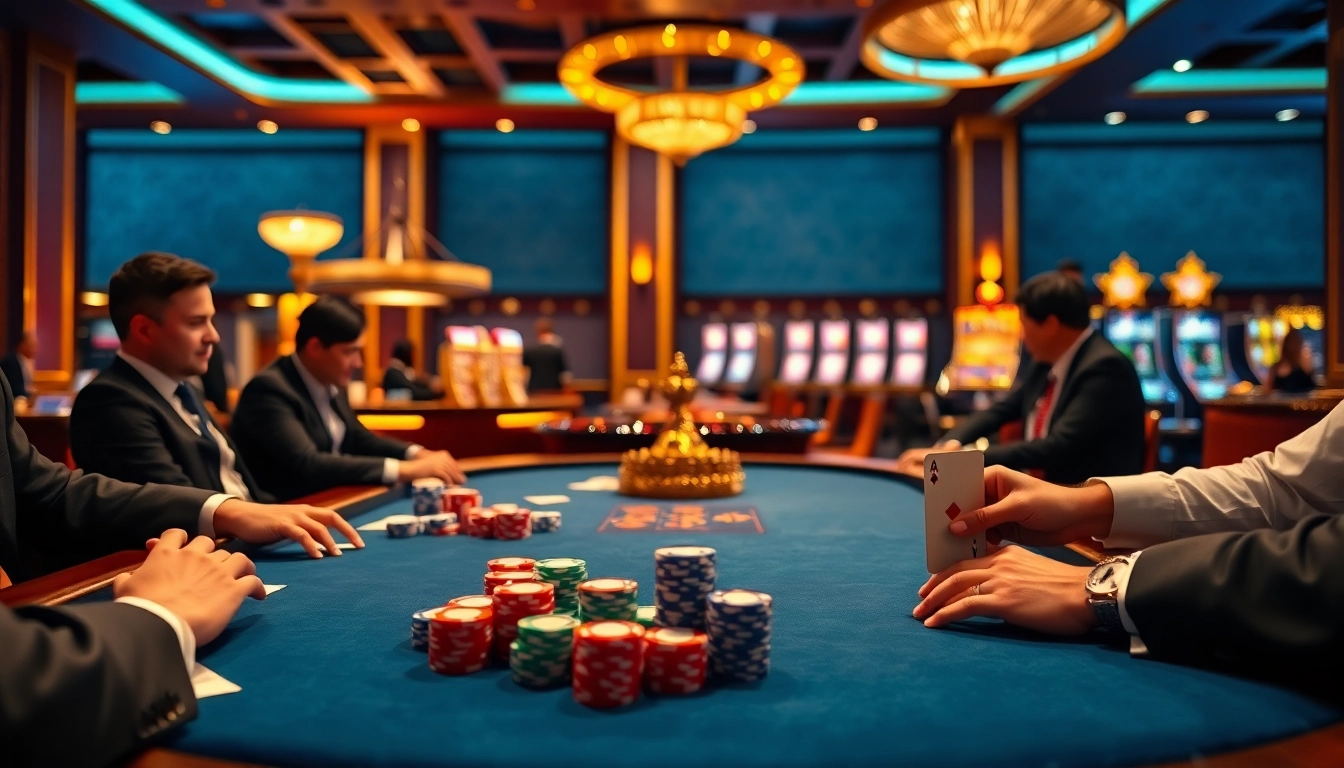 Engage in thrilling gameplay with KP88 link at a vibrant poker table, showcasing colorful chips and elegant players.