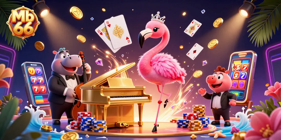 Experience the vibrant world of Mb 66 with casino elements and lively characters in a 3D illustration.