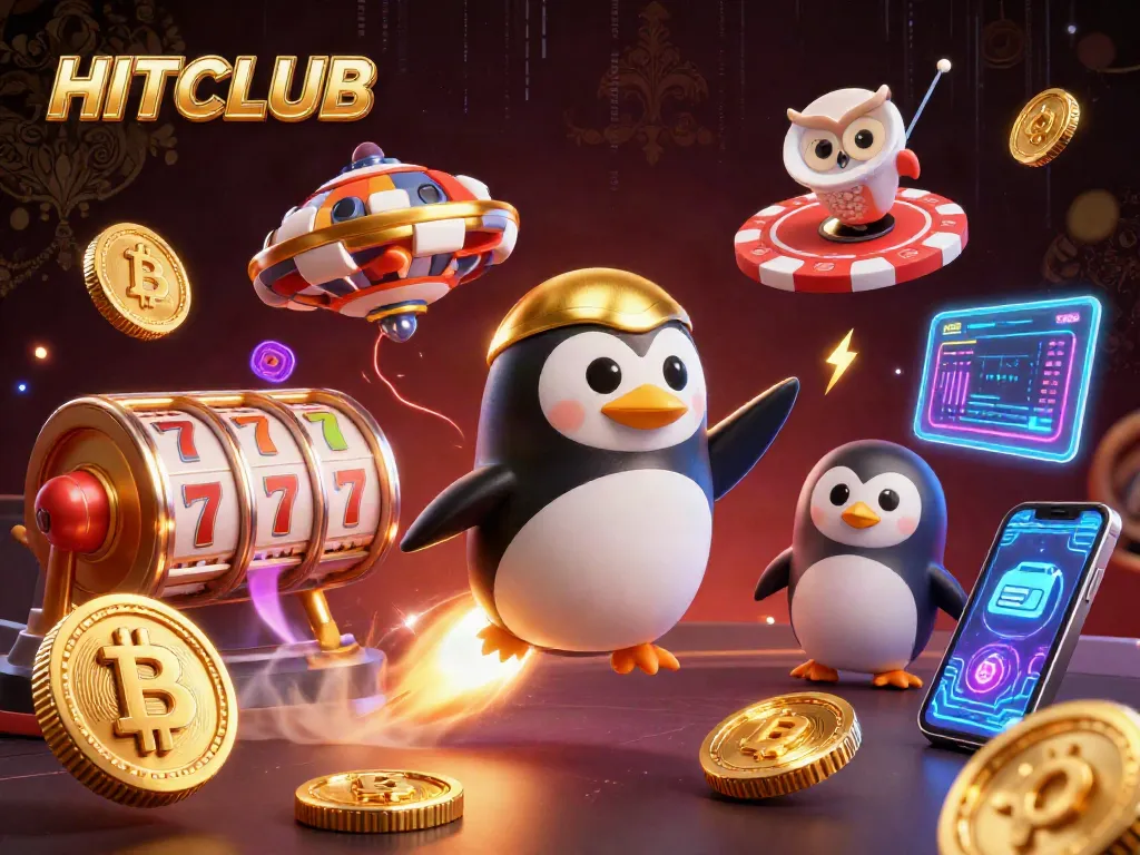 HITCLUB offers a thrilling casino experience with crypto-themed gaming, featuring vibrant characters and dynamic slot elements.