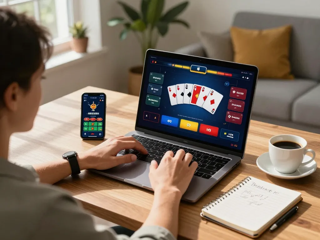 Engaging in strategic poker gameplay on SC88's platform with a laptop and smartphone in a cozy home setting.