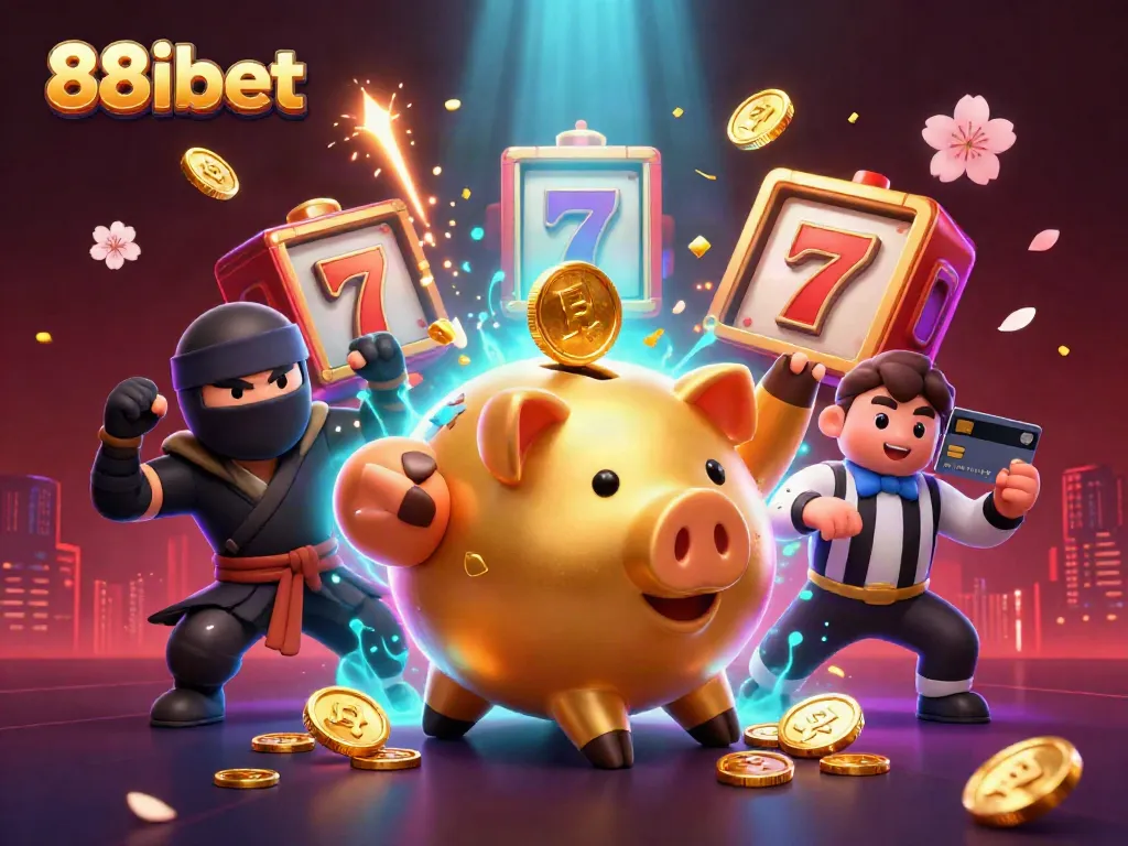 Engage with luck at 88ibet featuring a dynamic scene of a sumo wrestler piggy bank, wallet ninja, and credit card samurai.