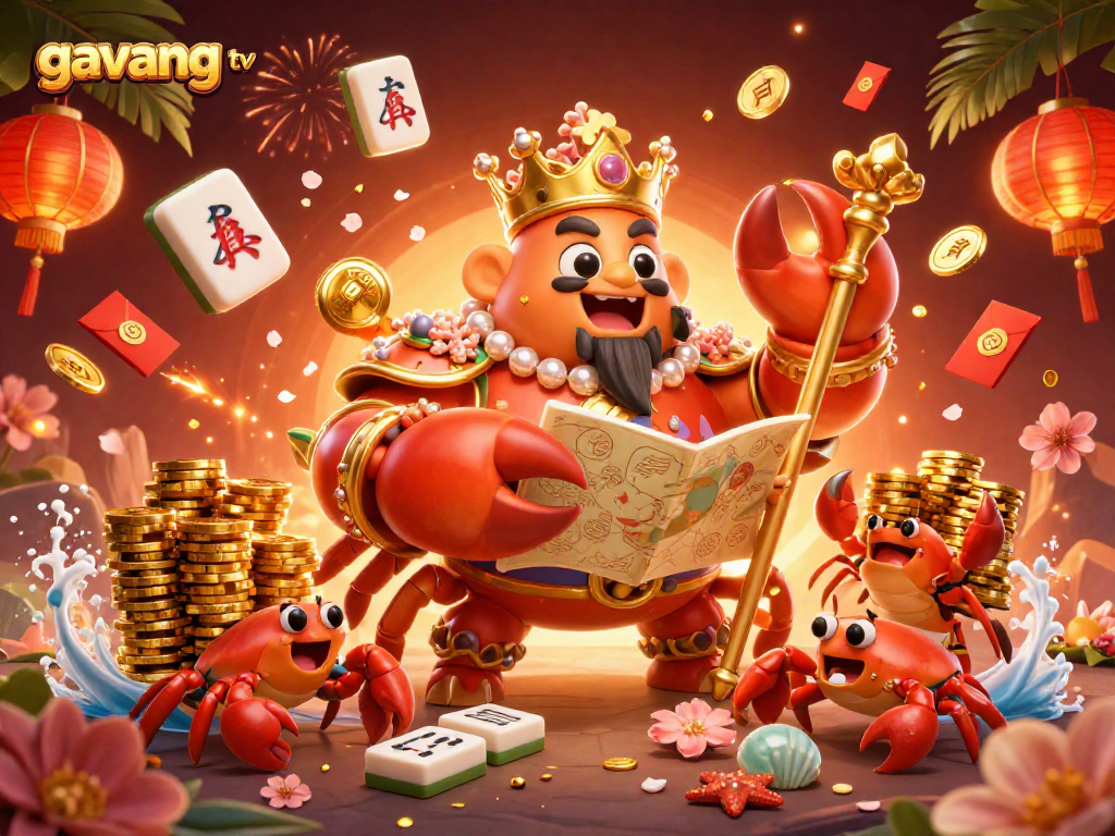 Engage with gavang tv's vibrant gambling world featuring a golden crab emperor and dynamic casino elements.