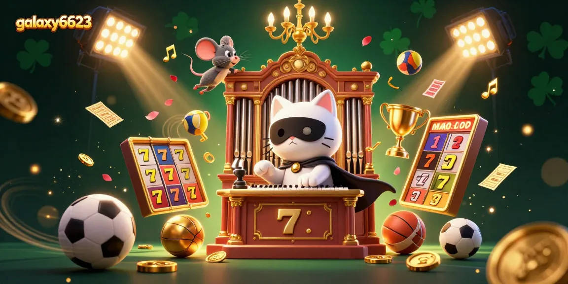 Experience the excitement of galaxy6623 with a vibrant 3D illustration of a whimsical casino scene featuring dynamic slot reels.