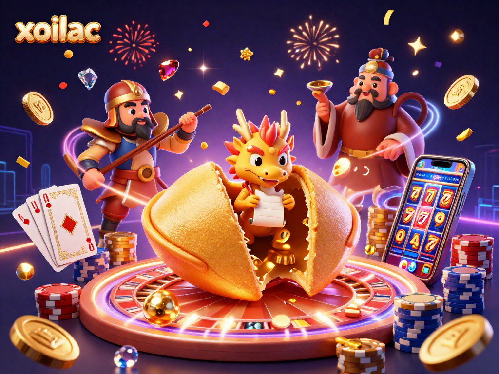 Experience winning strategies with xoilac in this vibrant casino-themed 3D illustration.