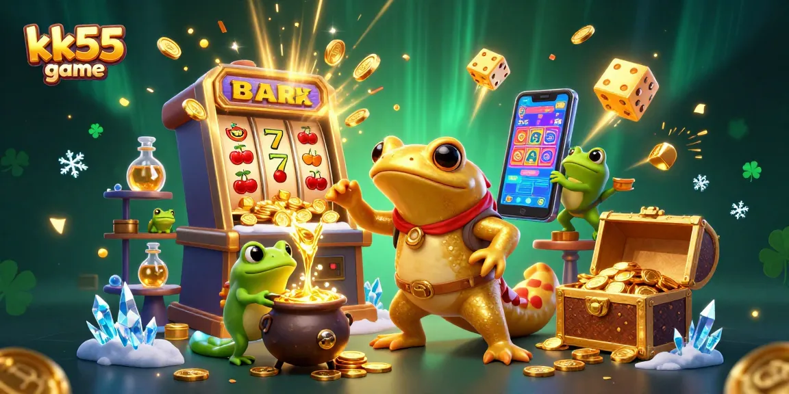 Experience the excitement of kk55 game with vibrant 3D illustration of alchemy and casino elements bursting with gold and light.