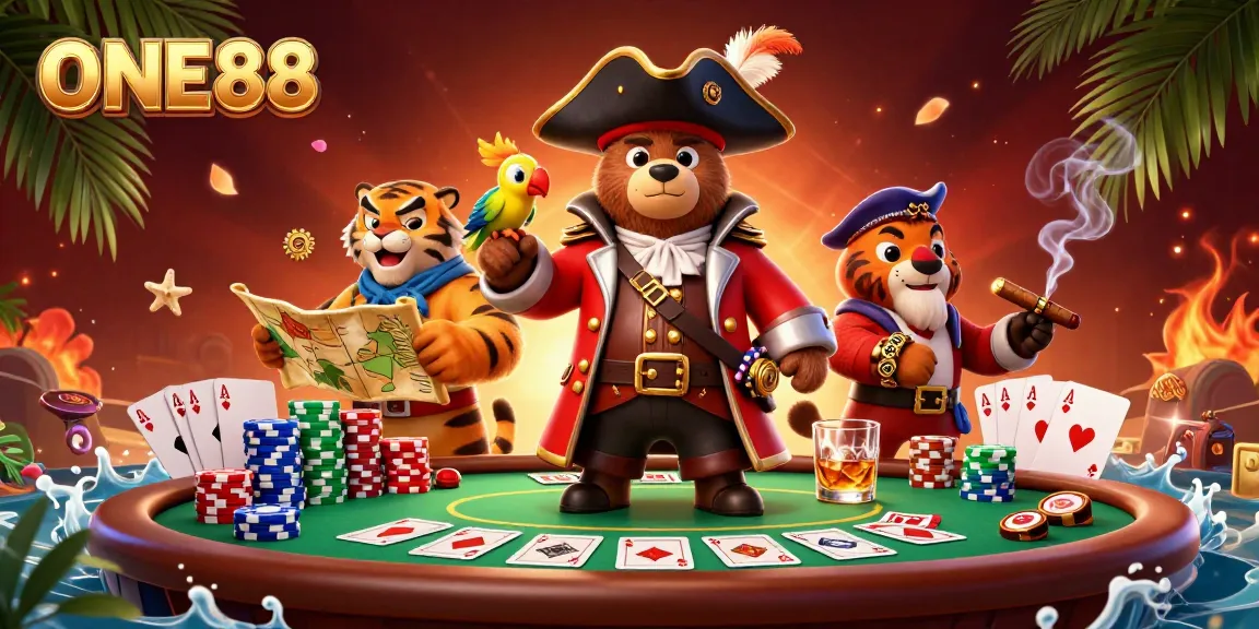 Engage in thrilling poker adventures with ONE88, featuring a bear pirate and vibrant casino elements.