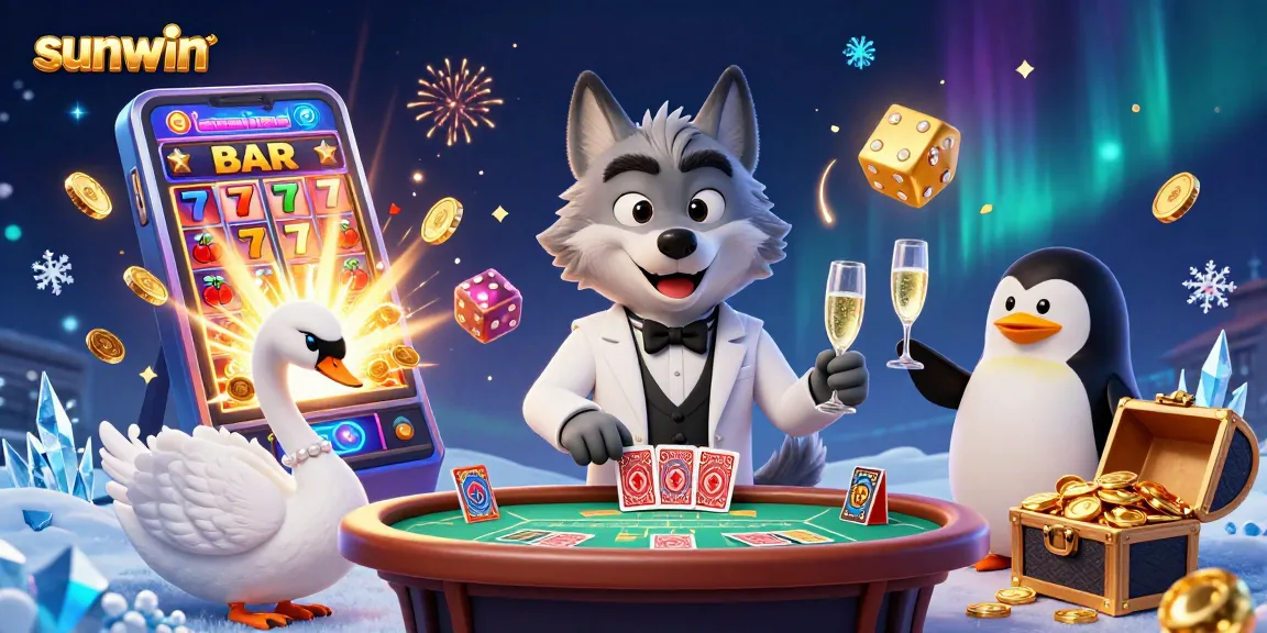 sunwin showcases a vibrant casino scene with a wolf, swan, and penguin celebrating jackpot wins