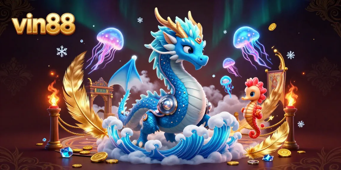 Engage in thrilling gaming experiences with vin88's vibrant fantasy casino scene featuring an azure dragon and seahorse knight.