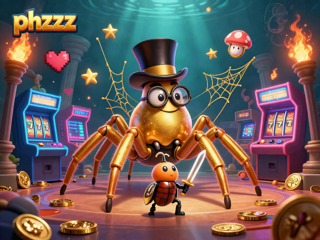 Engage with phzzz as the golden tarantula weaves a casino web amid lively game elements.