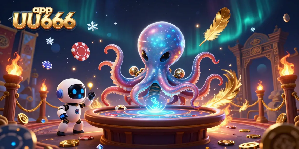 Experience thrilling action with the app UU666, featuring an alien octopus at a holographic poker table amidst mesmerizing cosmic elements.