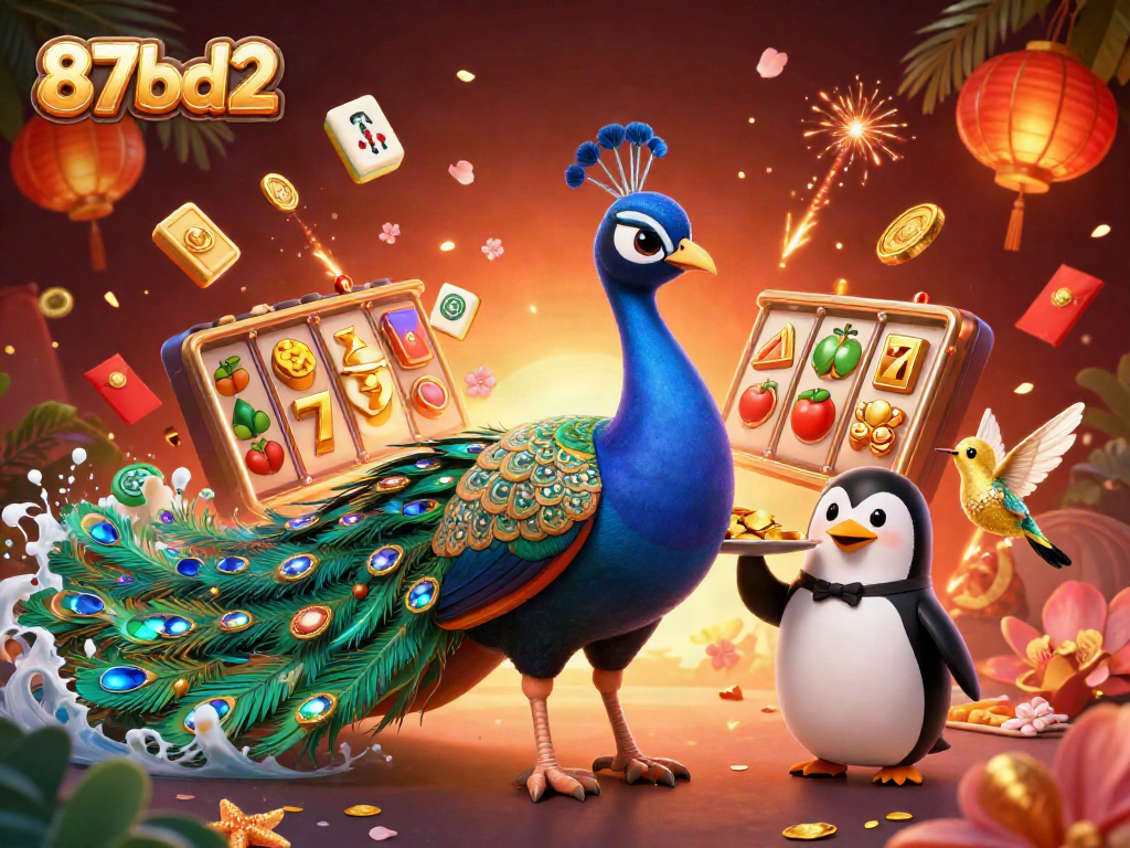 Engage with thrilling gameplay at 87bd2 with a wealthy peacock, penguin dealer, and festive casino elements.