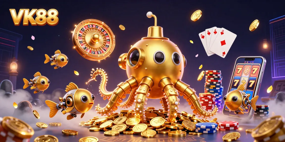Experience vibrant casino excitement with VK88's golden kraken submarine amidst dynamic game elements.