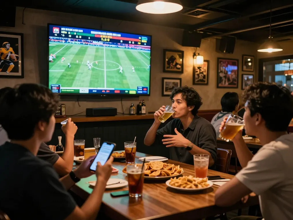 Excited group checking kèo nhà cái hôm nay while watching live football match in vibrant sports bar.