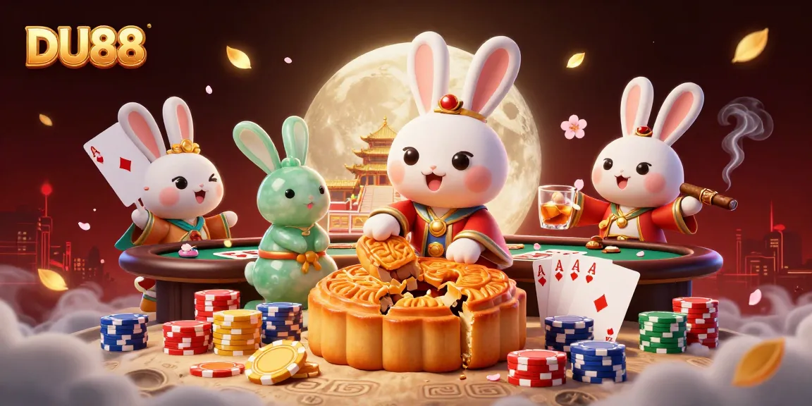 DU88 showcases a moon rabbit pounding mooncakes revealing poker chips in a 3D casino scene.
