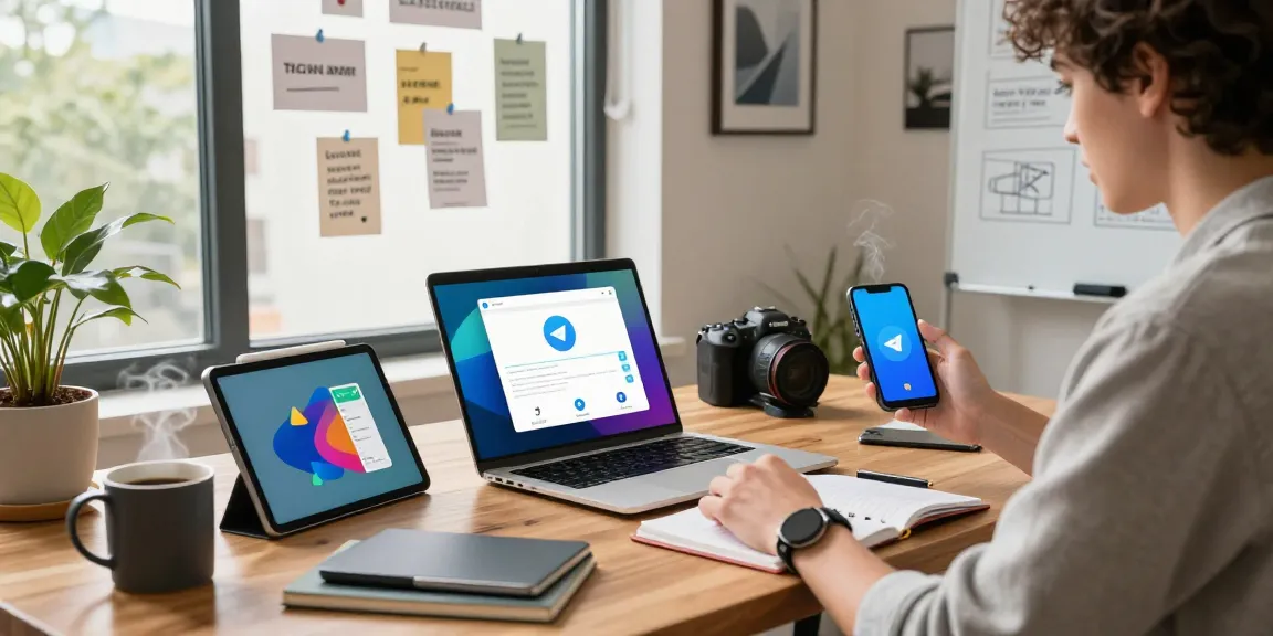 Download Telegram app on multiple devices at a modern workspace with tech gadgets.