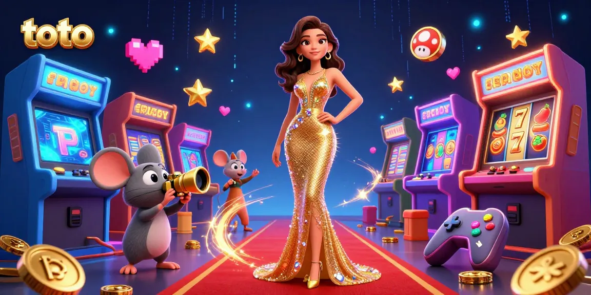 Toto casino scene featuring vibrant slot machines and a glamorous woman posing on the red carpet.