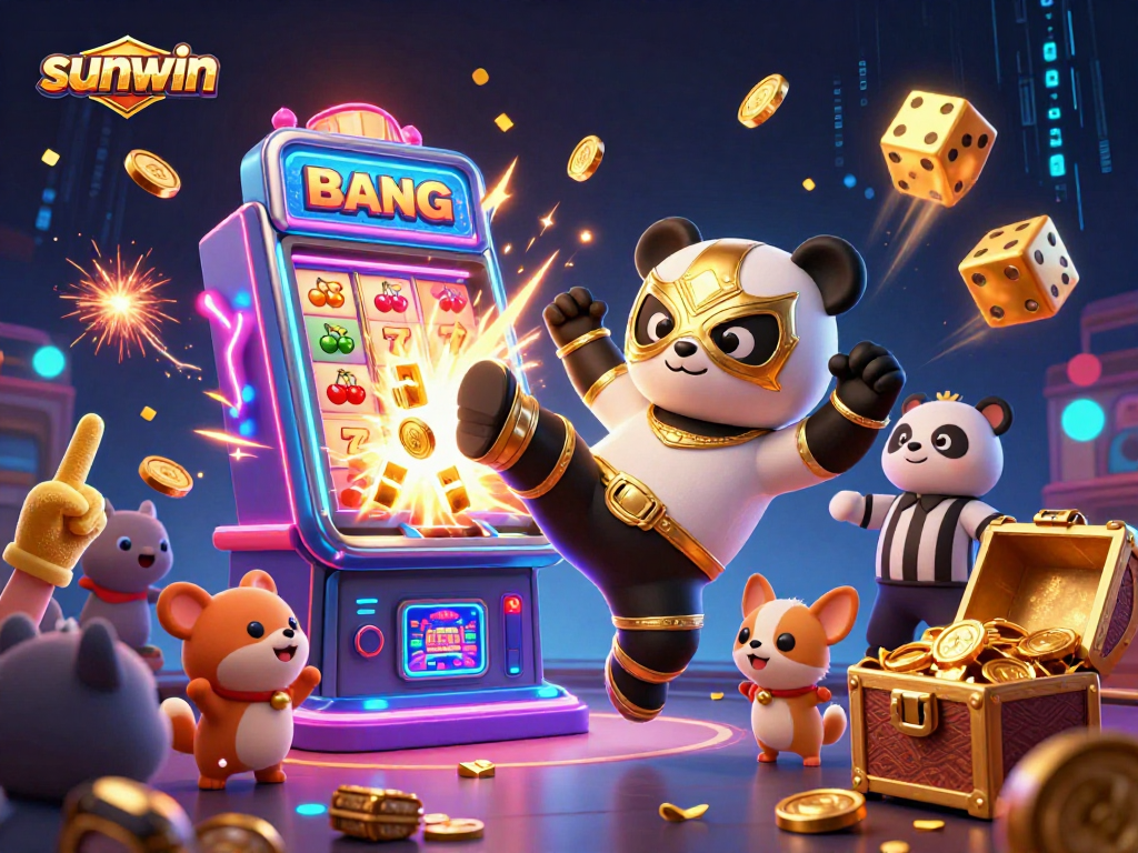 Experience exciting slots with sunwin's action-packed casino scene featuring a wrestling panda!