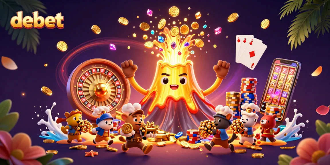 Experience thrilling wins at DEBET with a cartoon volcano erupting treasures and a vibrant gambling scene.
