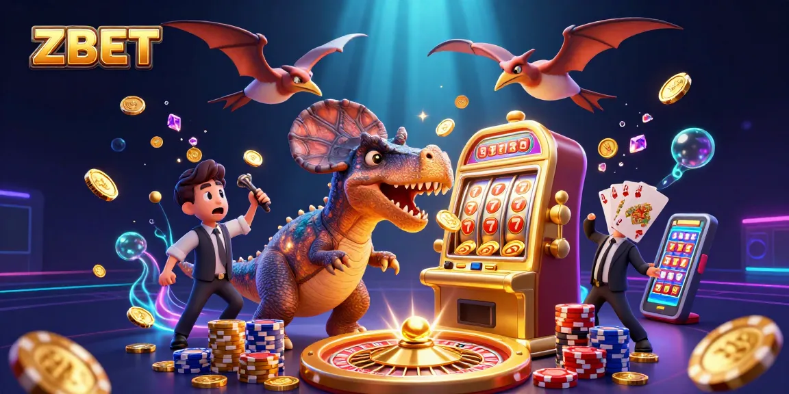 ZBET brings excitement with a cartoon dinosaur headbutting a golden slot machine, winning jackpots!
