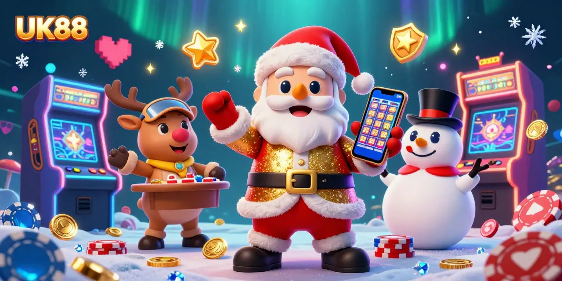 Win big at UK88 with 3D Santa, reindeer, and snowman on vibrant casino scene.