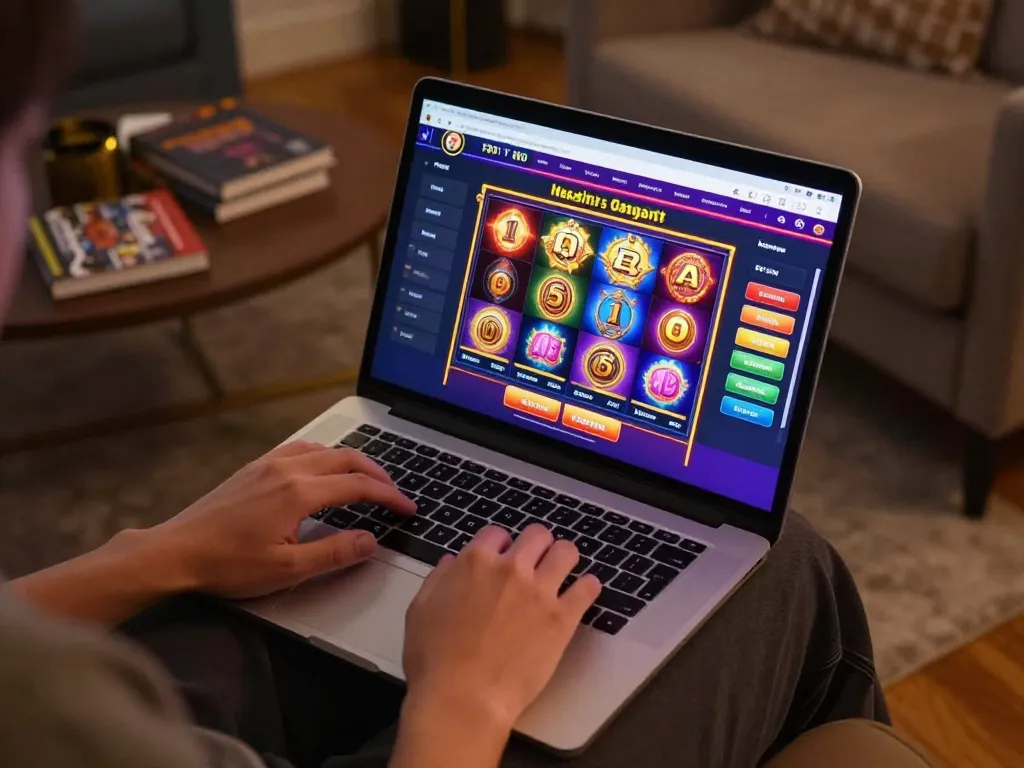 Engaged user enjoying ok fun online slot games on a laptop in a cozy home setting