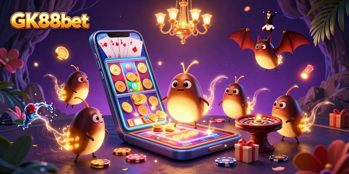 Engage with GK88bet in an illuminated cave casino, showcasing vibrant gaming elements and a unique bat dealer