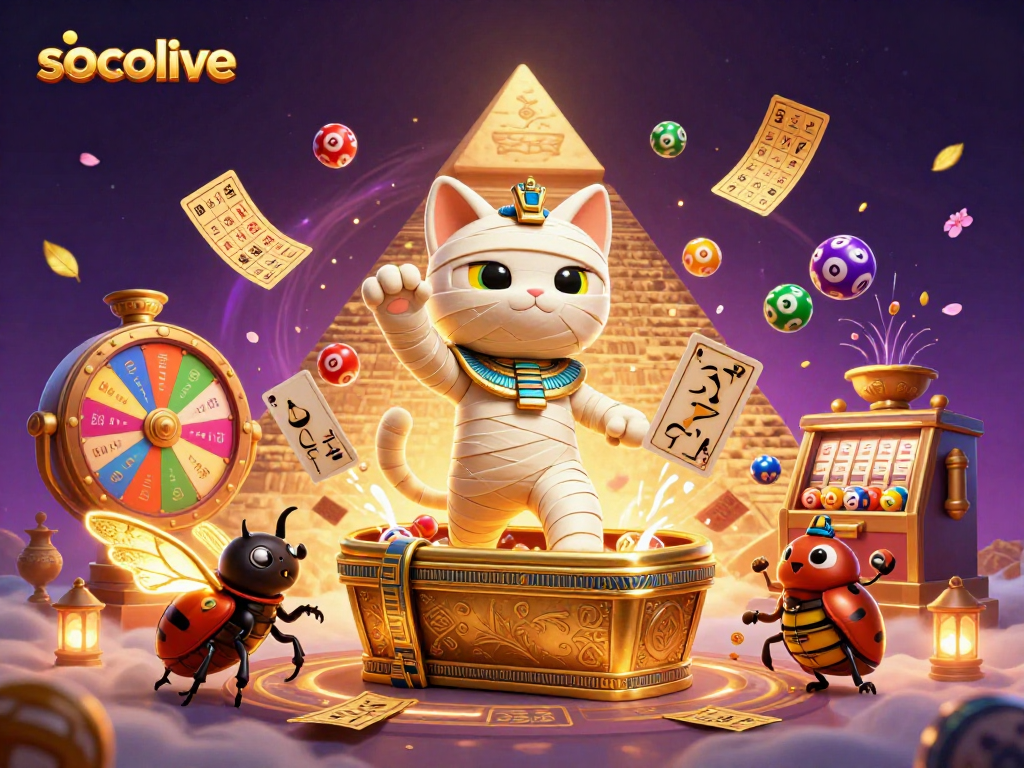 Socolive's vibrant casino scene featuring an Egyptian mummy cat and scarab, with lively lottery elements.