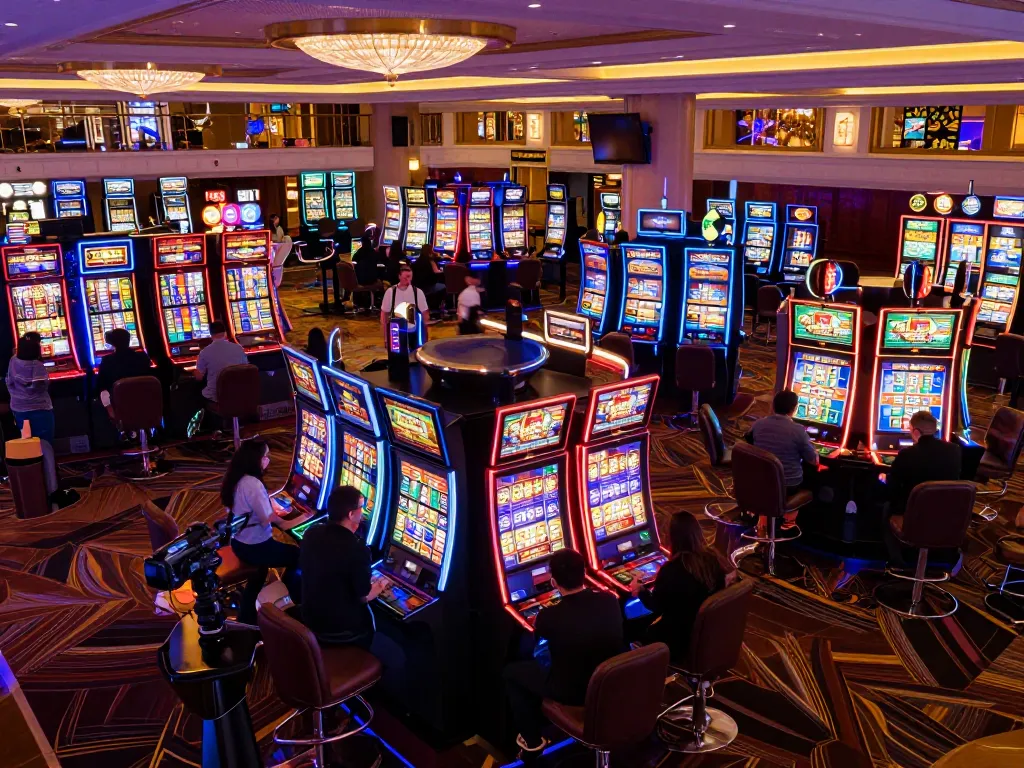 Players enjoying the b52 slot machines in a vibrant casino, capturing the excitement and thrill of gaming