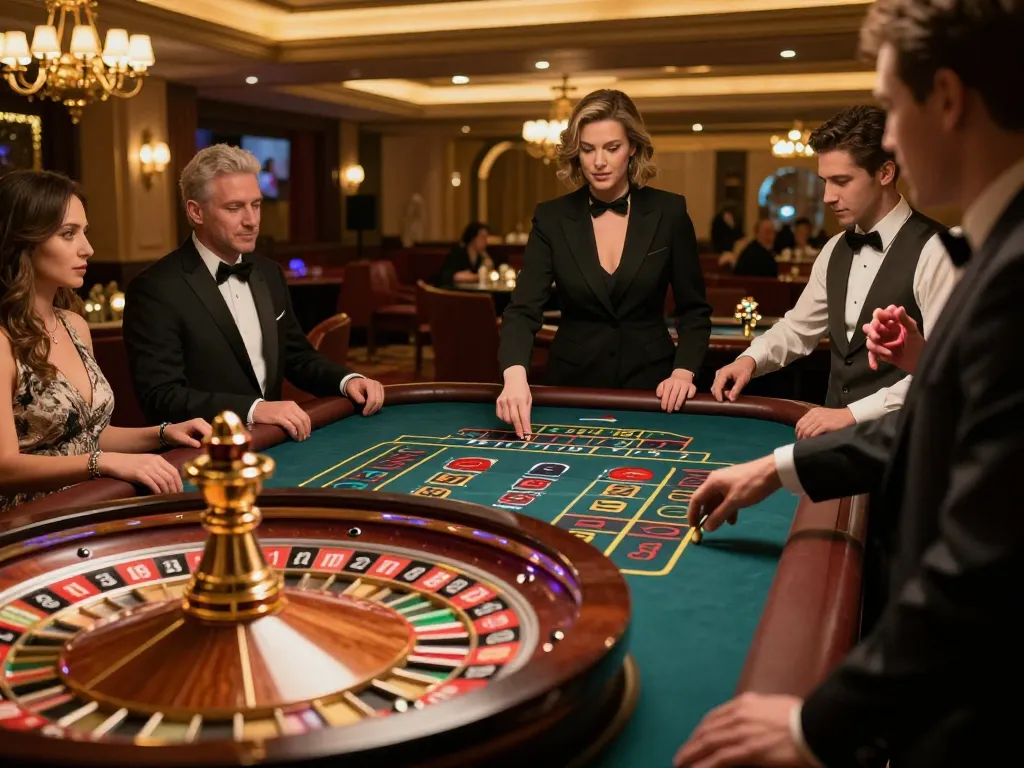 Engaging roulette gameplay at a casino highlighting Link 9BET with players placing bets.