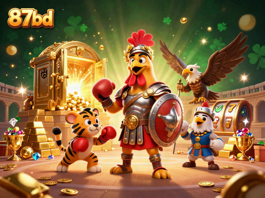 Win big with 87bd as a gladiator rooster centers a lively casino scene.