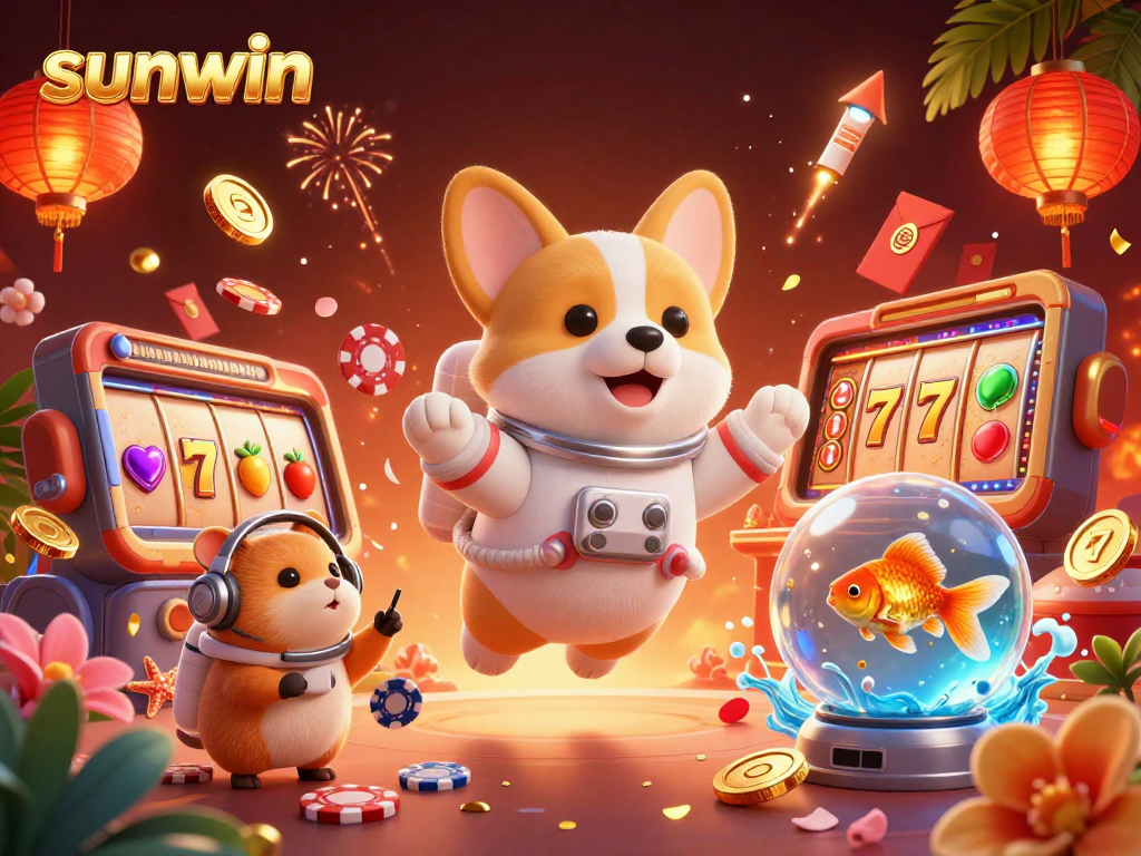 Experience the thrill of sunwin casino with an astronaut corgi and vibrant gaming elements.