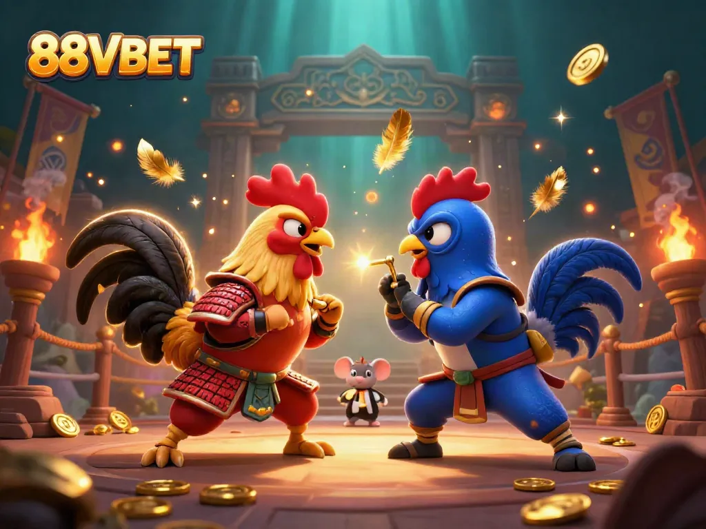 The twin fighting roosters in 88VBET battle within a vibrant, dynamic casino-styled arena.
