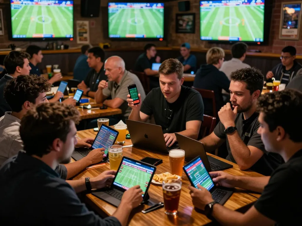 Sports betting excitement with fans engaged in keo nha cai using apps at a vibrant bar.