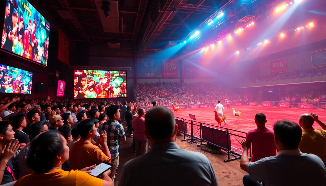 Engaging scene of đá gà trực tiếp with vibrant visuals and betting excitement in a lively arena.