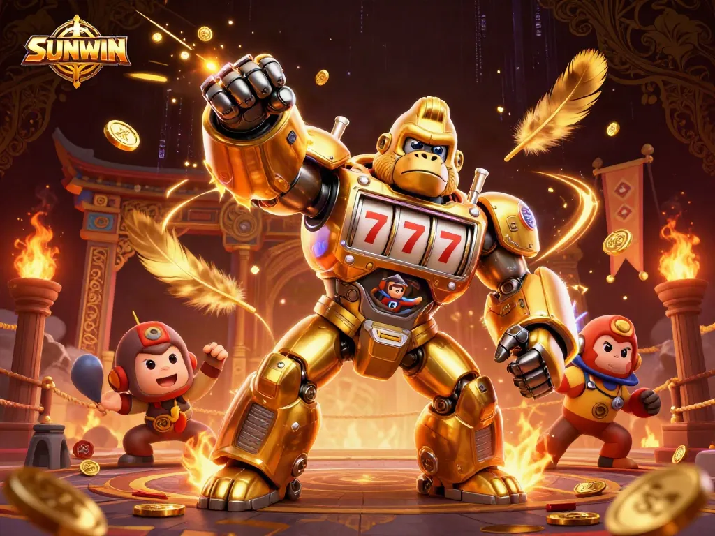 SUNWIN displays a golden gorilla mech celebrating wins in a vibrant casino-themed illustration.