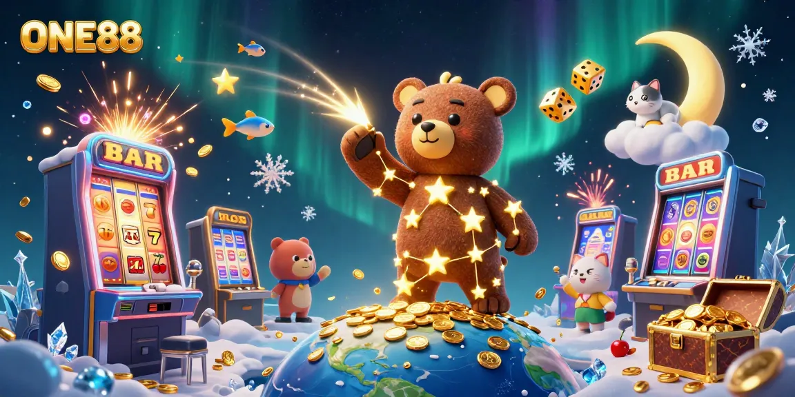 Engage in thrilling gameplay at ONE88 with a vibrant scene of slots, stars, and treasures.