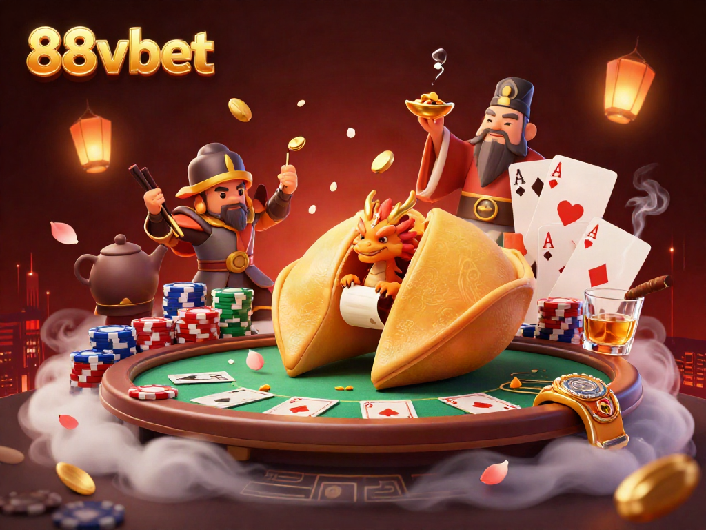 Experience the thrill of 88vbet with a vibrant poker-themed scene featuring dynamic characters and gold elements.