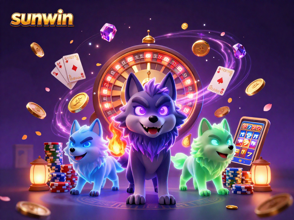 sunwin casino illustration showcasing a wolf pack leader and dynamic gaming elements.